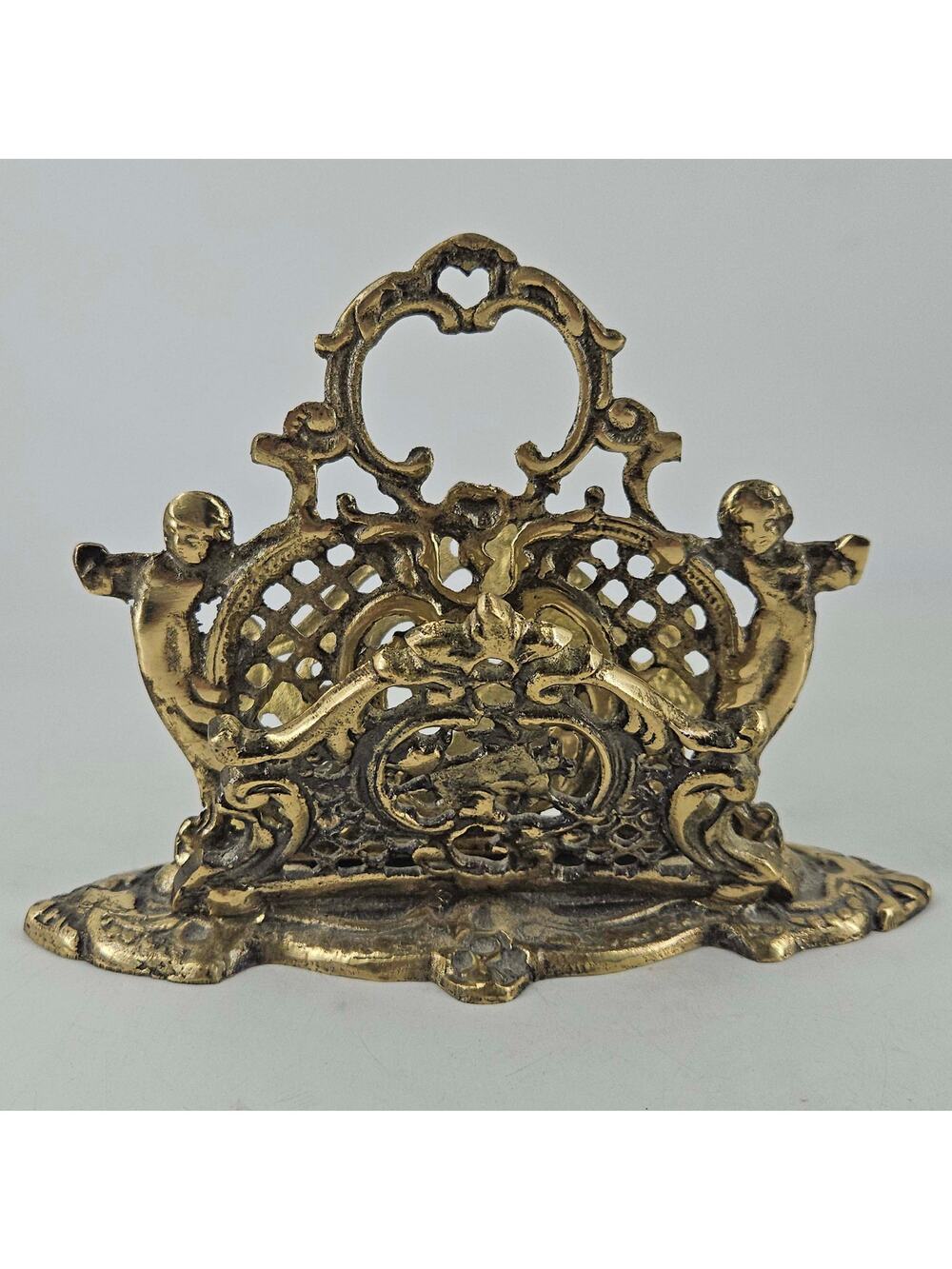 Vintage Brass Filigree Cherub Bill Letter Napkin Holder Organizer 1960s